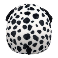 Dalmatian plush toy with fuzzy black spots over a white body, front view