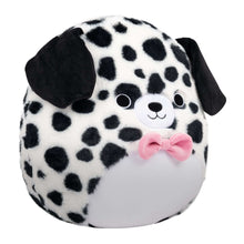 Dalmatian plush toy with fuzzy black spots, pink bowtie, and round snout