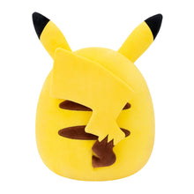 Pikachu squish plush with open mouth, yellow body, black ears, brown nose and expression