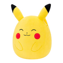 Pikachu squish plush front view, yellow body, black ears, red cheeks, smiling face