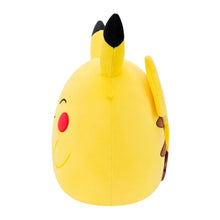 Pikachu squish plush side view, yellow body, black ear, red cheek, soft rounded shape