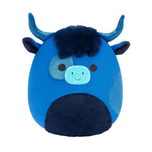 Blue and dark navy highland cow plush with smiling face and horn shapes, stuffed toy.