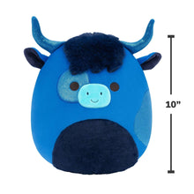 Blue and dark navy highland cow plush, 10 in tall, with smiling face and horns.