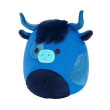 Blue highland cow plush front view with smiling face, dark horns, and soft muzzle.