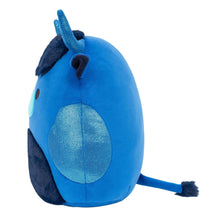 Blue and dark navy highland cow plush side view with textured horn and little tail.