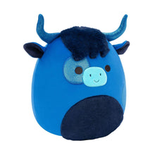 Blue and dark navy highland cow plush front view with smile, horns, and soft snout.