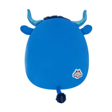 Blue highland cow plush back view with small tail and white Squishmallows logo patch.