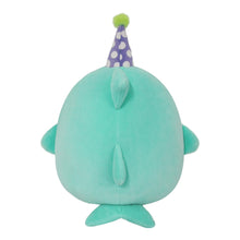 Teal shark plush back view with purple party hat and green fins.