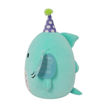 Teal shark plush with purple party hat and hang tag labeled Sharon on back.