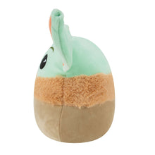 Grogu plush toy, rear side view with mint head and fluffy brown neck band