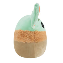 Grogu plush toy in mint and tan, side view with raised ear and textured brown collar