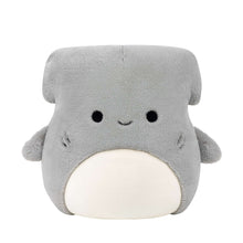 Grey hammerhead shark plush toy with fuzzy grey body and cream belly, smiling face