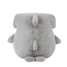 Grey hammerhead shark plush toy, back view with two fin ridges and small feet