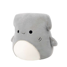 Grey hammerhead shark plush toy with cream belly, black eyes, and cheek marks