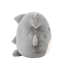 Grey hammerhead shark plush toy, back view with flipper feet and rounded body