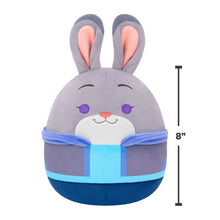 Gray rabbit plush front view with white muzzle, purple cheek dots, and blue striped pouch