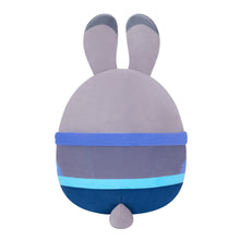 Gray rabbit plush back view with blue striped pouch and small gray tail