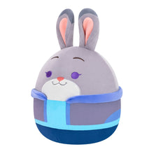 Gray rabbit plush smiling face with white muzzle, purple cheek dots, and blue striped pouch