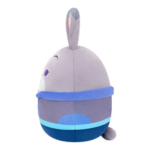 Gray rabbit plush side view with blue striped pouch and small round foot
