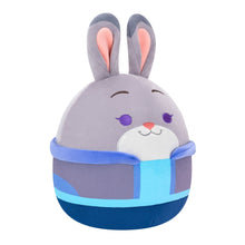 Gray rabbit plush front face with closed eyes, purple cheek dots, and blue striped pouch