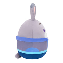Gray rabbit plush side view with blue striped pouch and purple ear accents