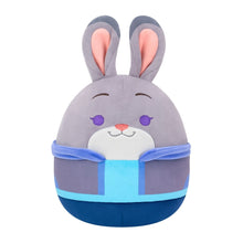 Gray rabbit plush with blue striped pouch, purple cheek dots, and white muzzle