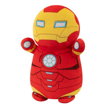 Iron Man HugMees plush toy from side view, red-and-yellow suit with blue chest core