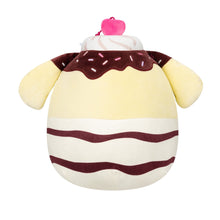 Back view of cream and burgundy striped pudding plush with pink bow