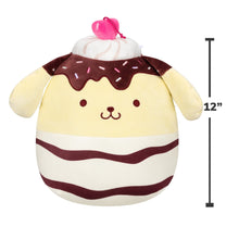 Cream and burgundy striped pudding plush with pink bow and stitched smiling face