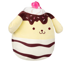 Cream and burgundy striped stuffed plush with pink bow, chocolate drizzle top