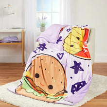 Cozy throw blanket with purple cartoon character face and colorful accents