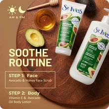 St. Ives avocado & honey face scrub tube with honey jar on wooden surface