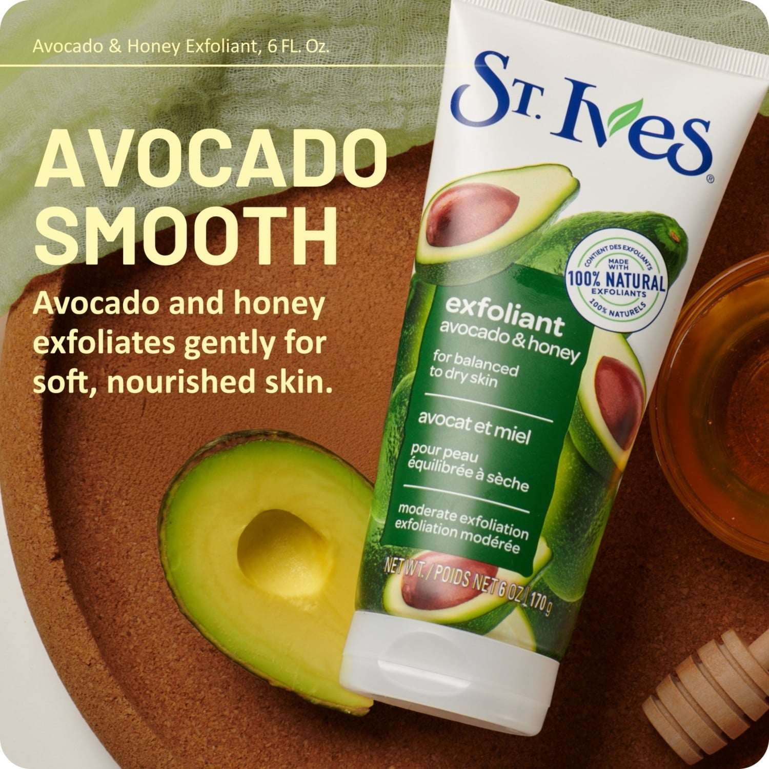 (4 pack) St. Ives Avocado & Honey Face Scrub, Moderate Exfoliating Face Wash with Natural Exfoliants, 6oz