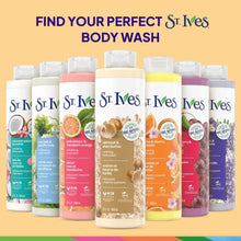 Assorted St. Ives body wash bottles lineup, including oatmeal & shea butter