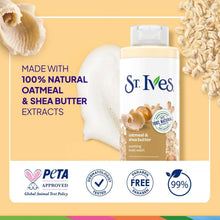 St. Ives oatmeal & shea butter body wash bottle with creamy scoop and oats