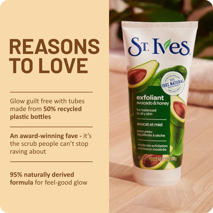 (4 pack) St. Ives Avocado & Honey Face Scrub, Moderate Exfoliating Face Wash with Natural Exfoliants, 6oz