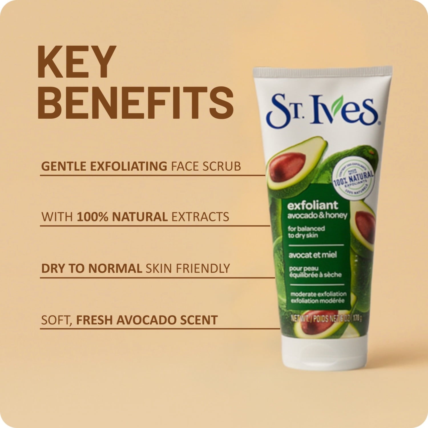 (4 pack) St. Ives Avocado & Honey Face Scrub, Moderate Exfoliating Face Wash with Natural Exfoliants, 6oz