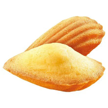 Madeleine sponge cakes close-up, ridged golden shells
