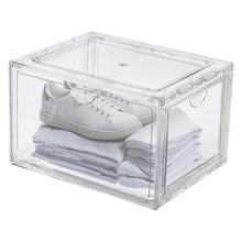 Clear stackable shoebox organizer with white sneakers and folded socks inside