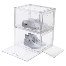 Stackable clear shoe organizer with two compartments holding a sneaker pair