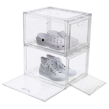 Clear stackable shoebox organizer with sneakers and slip-on shoes in two levels