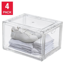 Stackable clear shoe organizer with white sneakers and folded socks inside