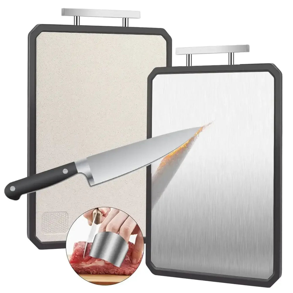Double-Sided Cutting Board, AOKIWO Large Cutting Boards with Handle & Knife Protector finger guard，Non toxic Stainless Steel Wheat straw PP Chopping Board for Kitchen meat and vegetables-16 * 11 Inch - USA MEGA SHOP