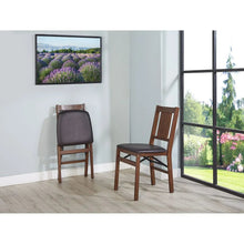 Pair of wood folding chairs with dark gray seat cushions and slatted backs