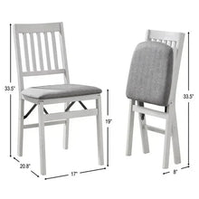 White wood folding upholstered chair with gray padded seat and slatted backrest