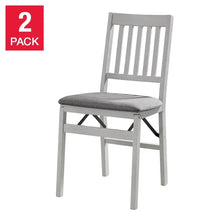Gray wood folding upholstered chair with slatted back and padded seat cushion