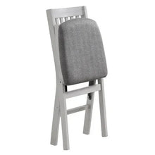 Light wood folding upholstered chair with gray padded back and seat, slatted backrest