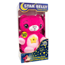 Pink plush cat night light in retail box with star belly graphic