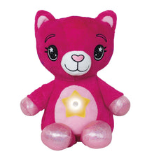 Pink plush cat night light with glowing star belly and smiling face
