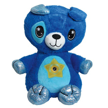Blue plush puppy night light with stitched face and star-shaped belly patch.